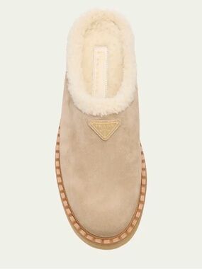 Prada Suede Shearling Mule in Cream and Beige